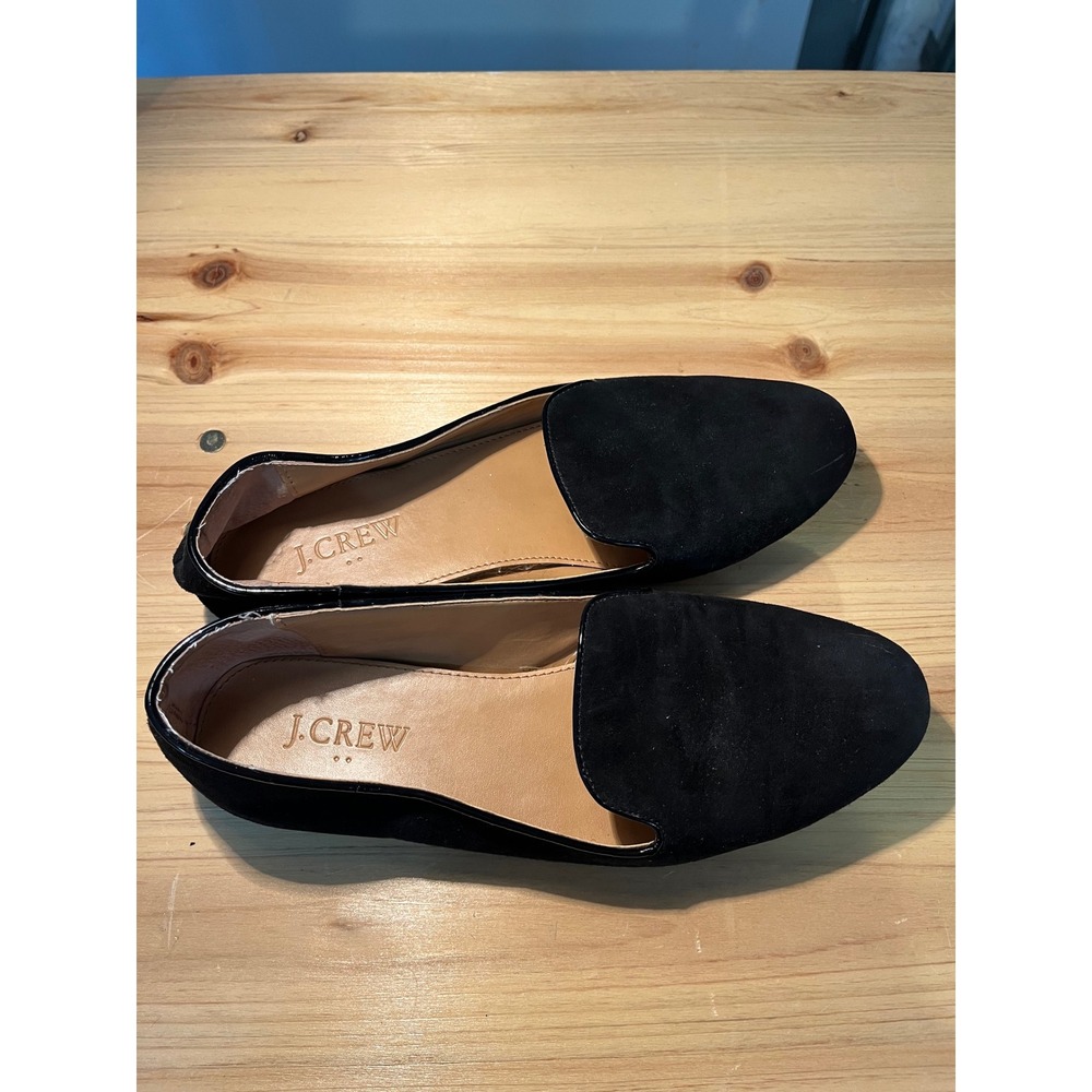 J.Crew Womens Black Suede Smoking Loafers Patent Trim Flats Size 7